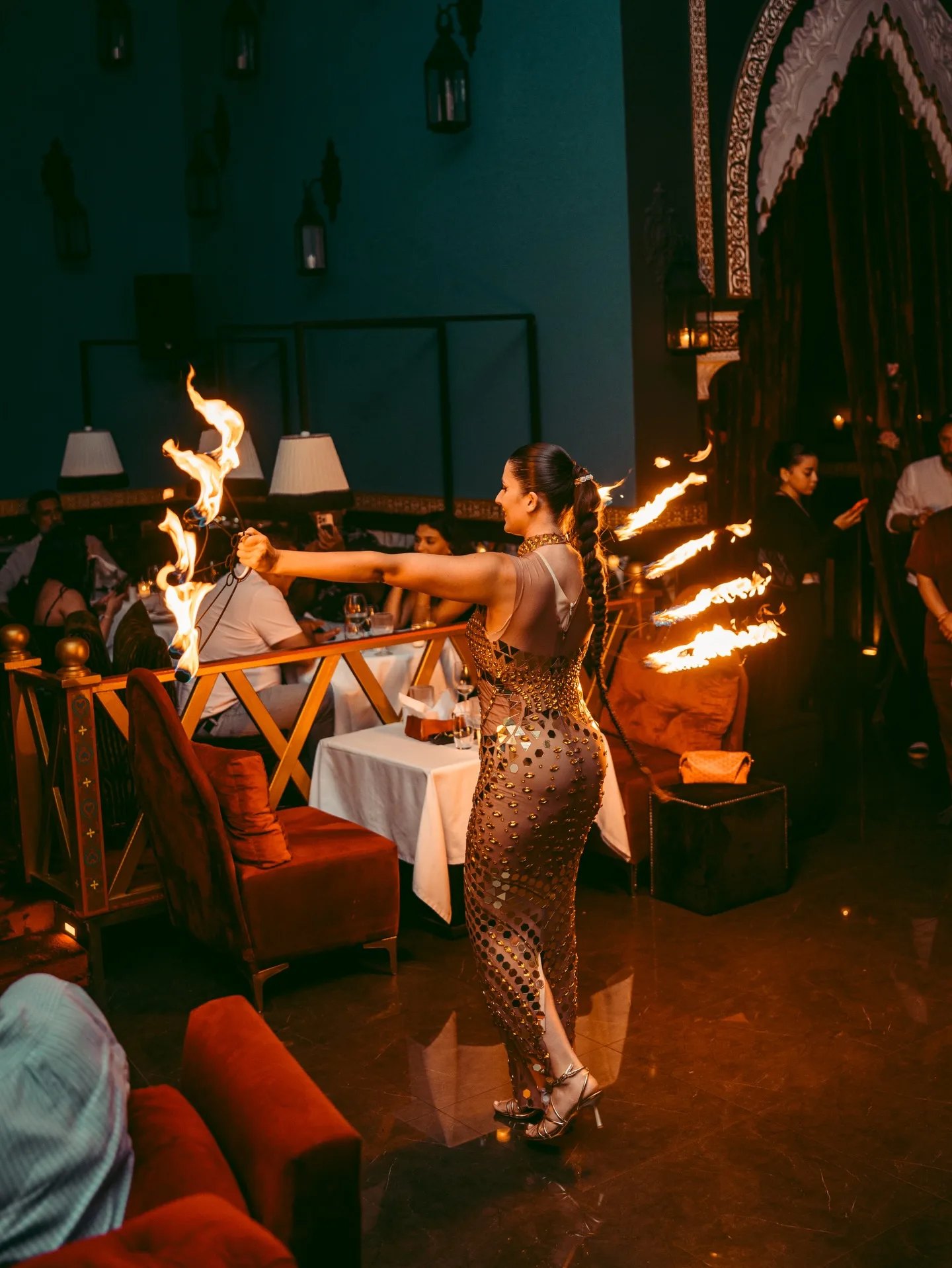 Fire performance beside dining tables at LOV Restaurant