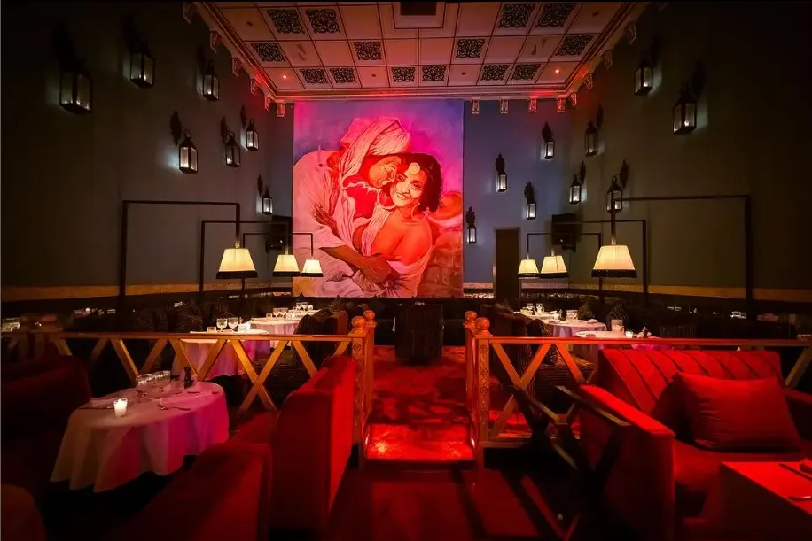 Warm red dining room and handcrafted interior at LOV Restaurant